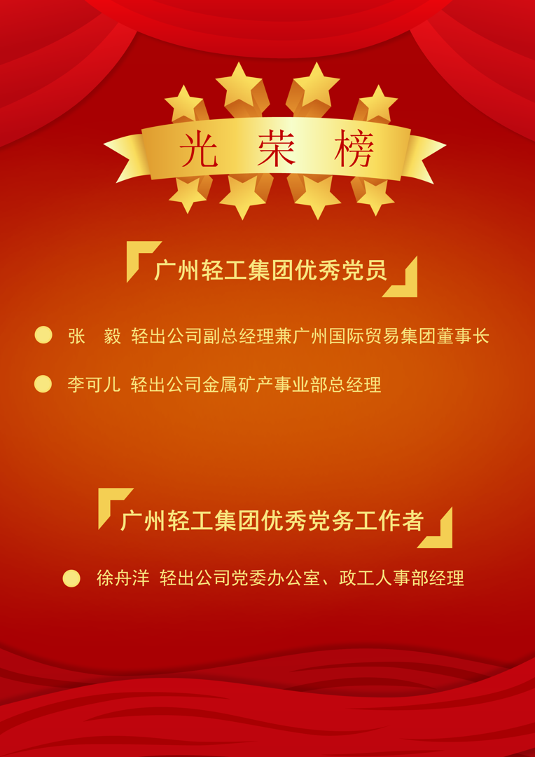 喜报！|轻出公司多名个人荣获广州轻工集团“两优一先”表彰